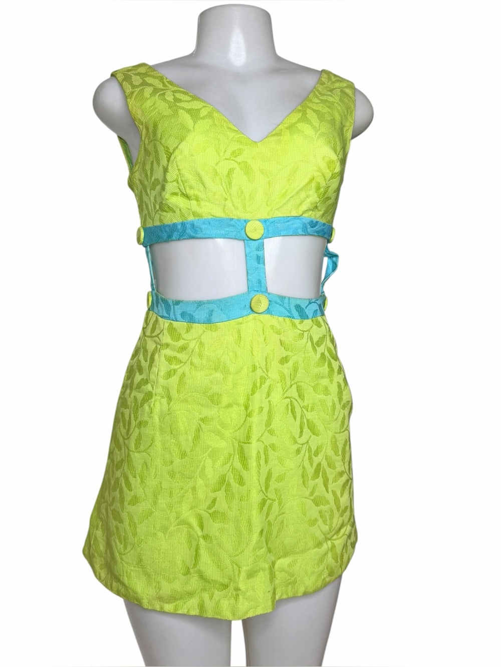 VTG 60s Mod Lime Blue Cutout Mini Dress GoGo Twiggy Space Age XS